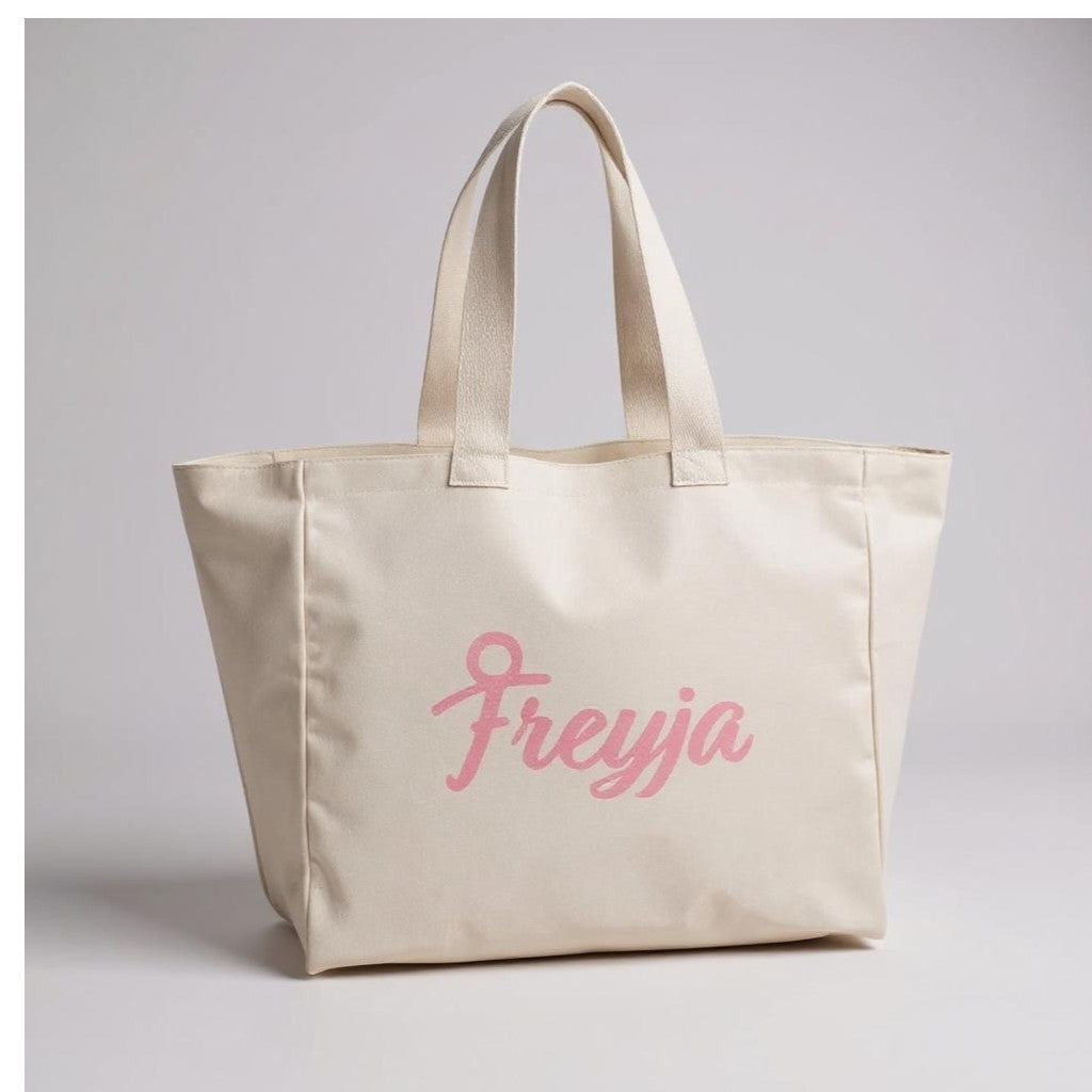 Cream-colored canvas tote bag with pink "Freyja" logo, perfect for new mum recovery and wellness gift set.