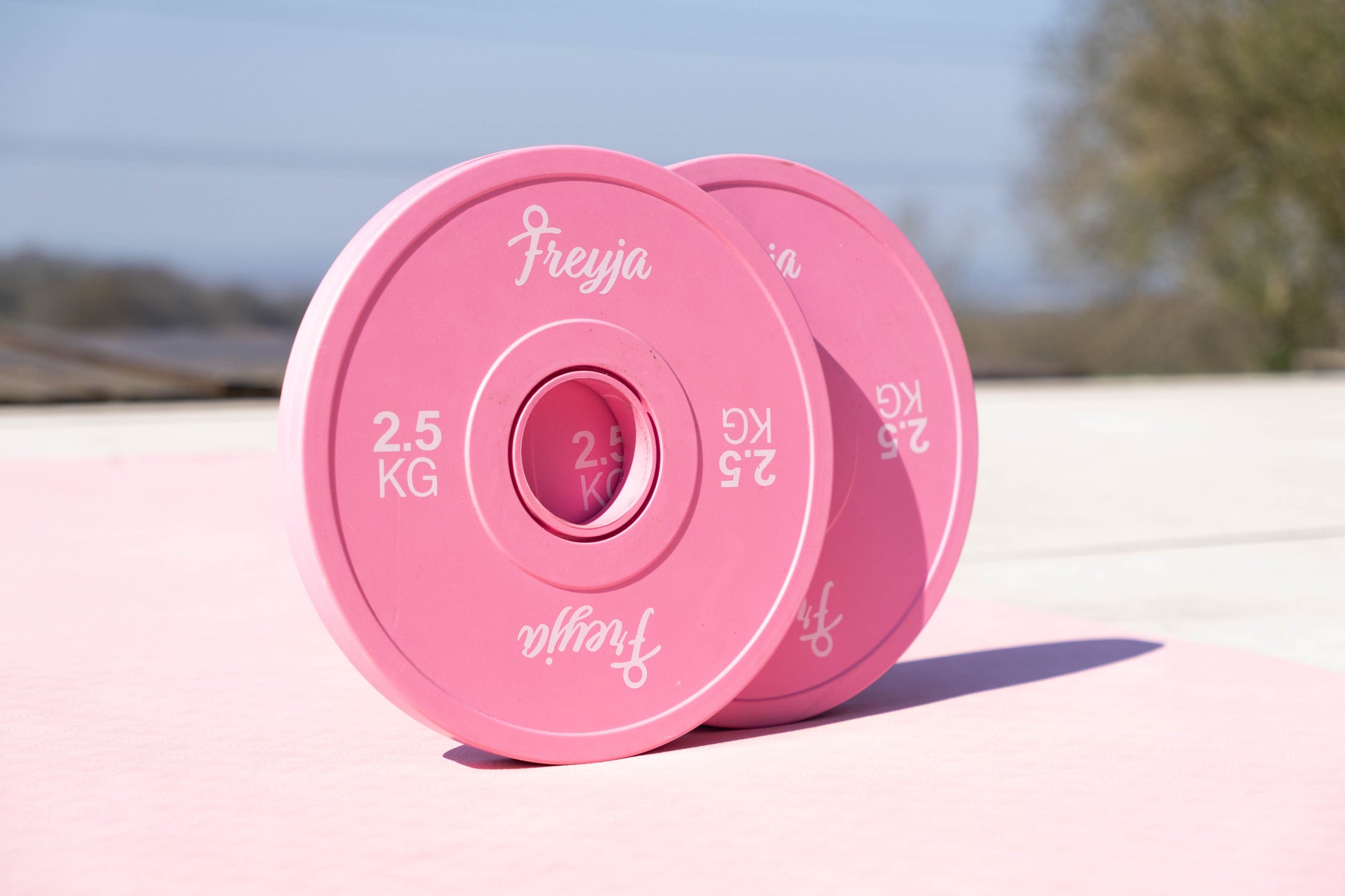 Two Freyja Fit pink change plates on a pink yoga mat with a blurred outdoor background