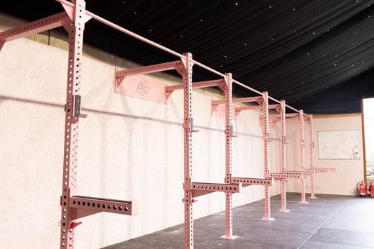 Row of pink freyja power rigs in a gym