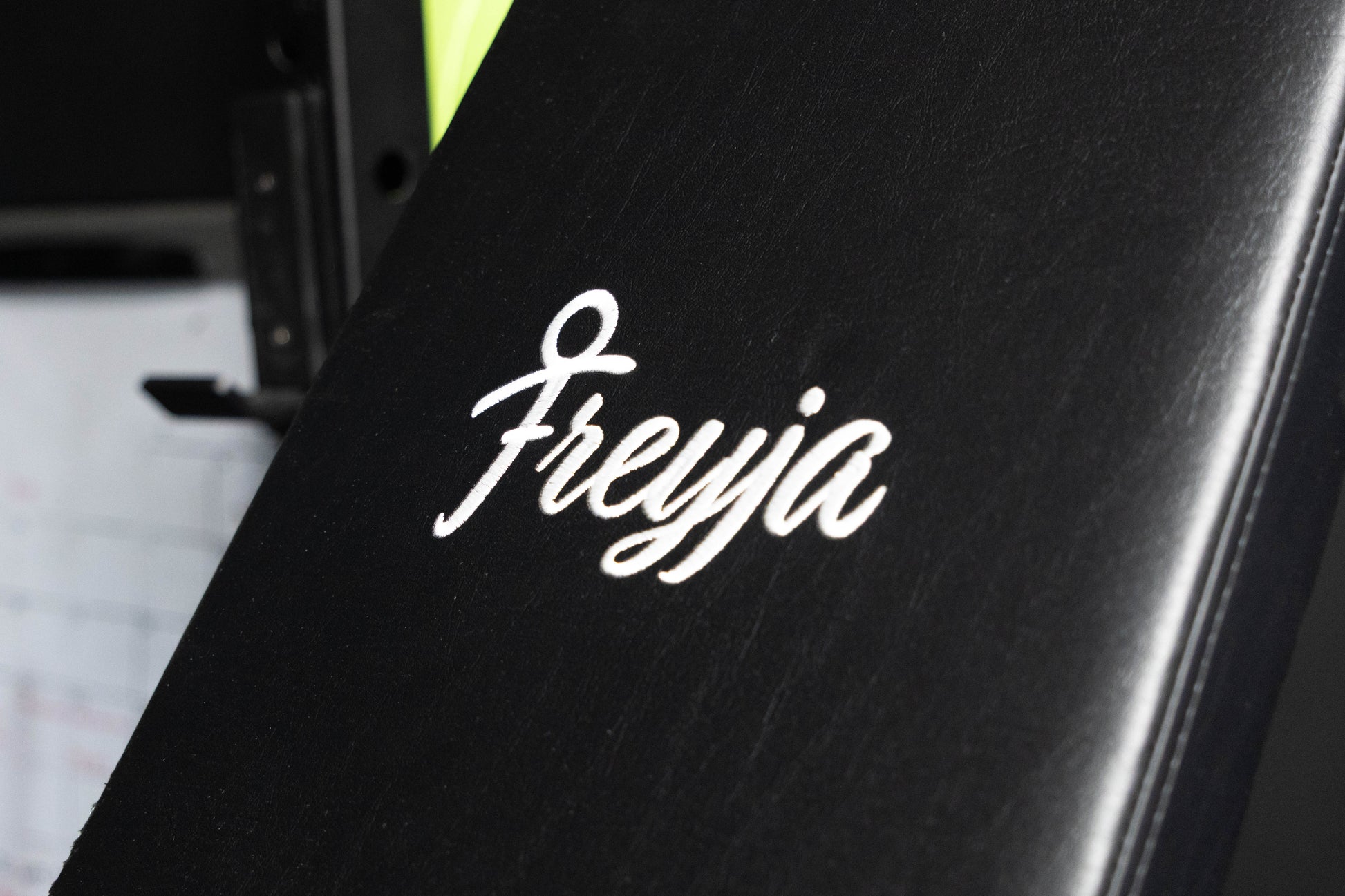 Close up of freyja adjustable bench with freyja branding on the padding