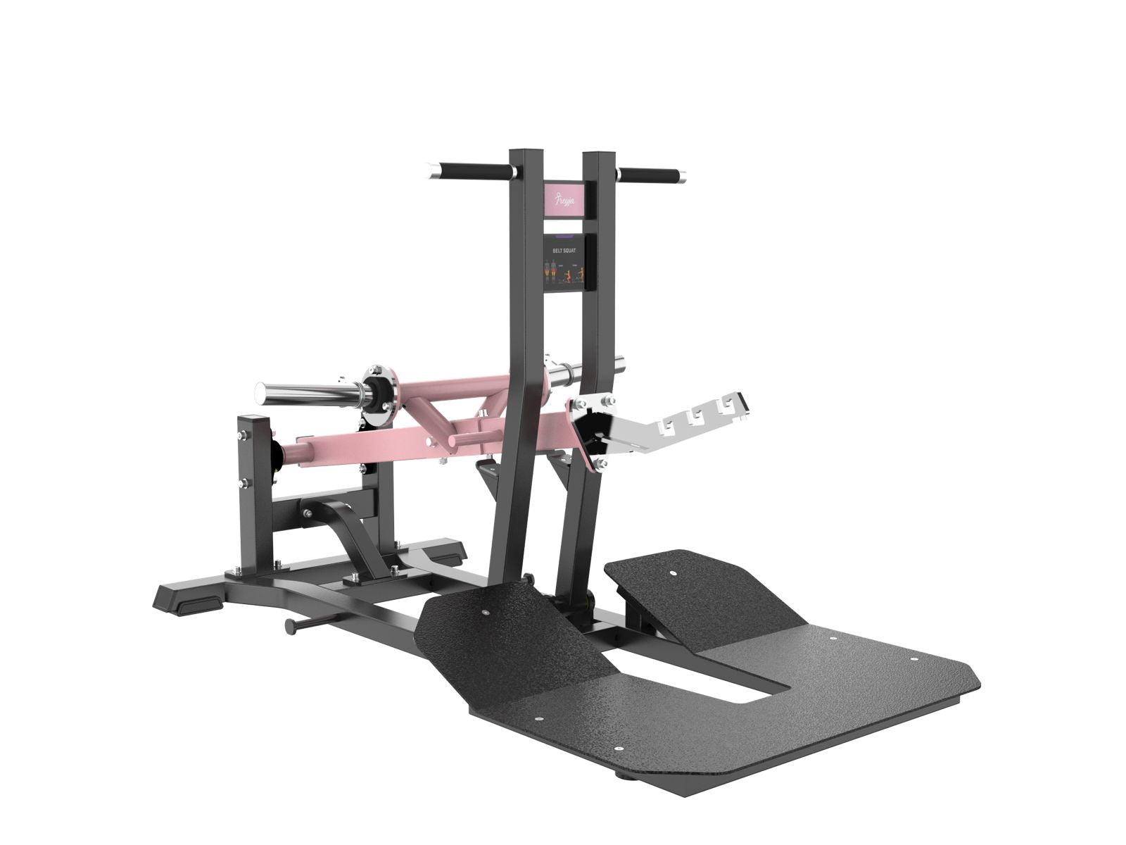 Black Freyja belt squat machine with pink accents on a white background