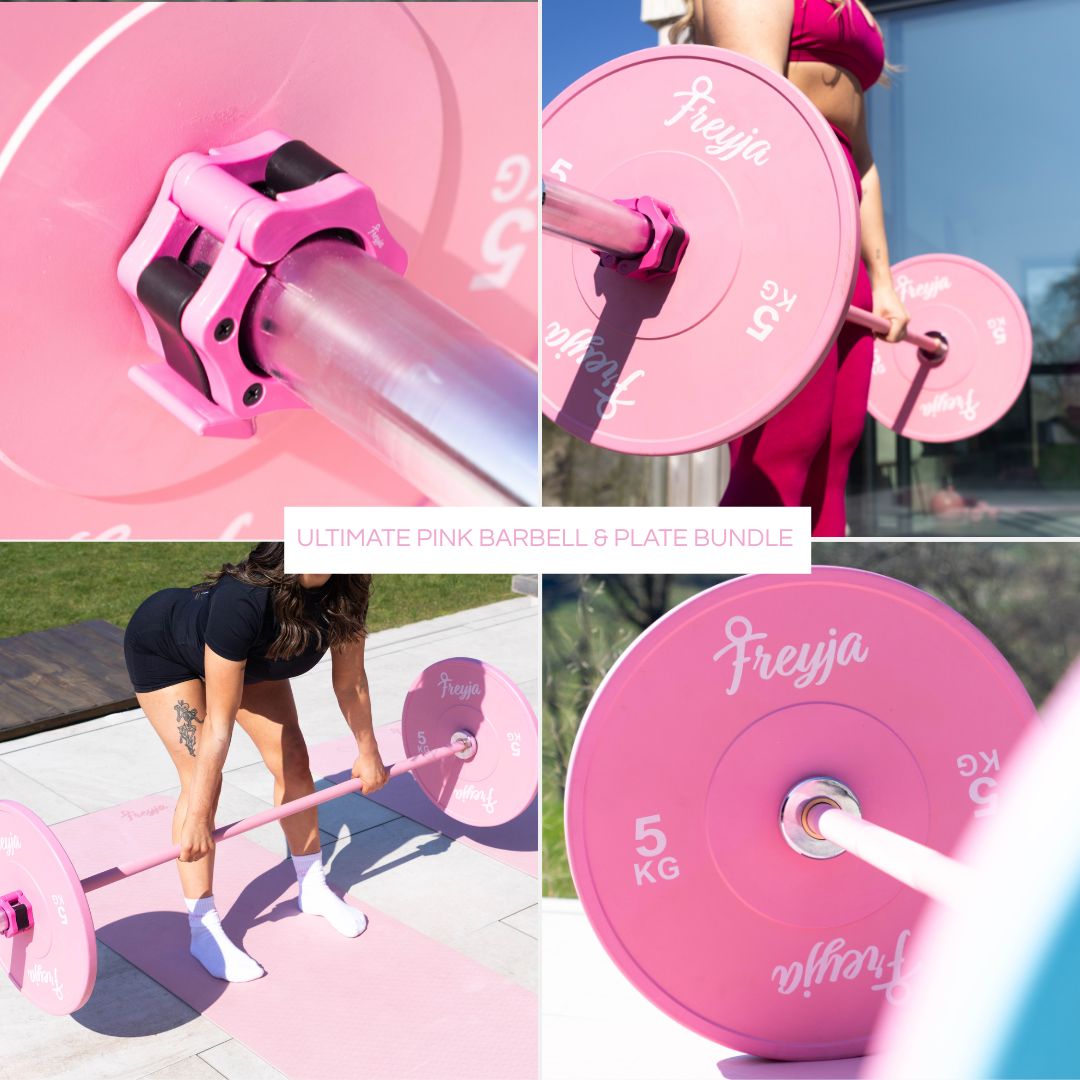 Collage featuring a pink Freyja Fit barbell, matching weight plates, and adjustable collars with branding visible