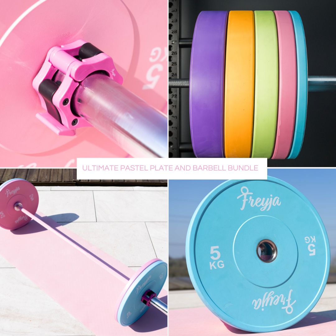 Collage of pastel-colored weight plates and pink barbell with adjustable collars