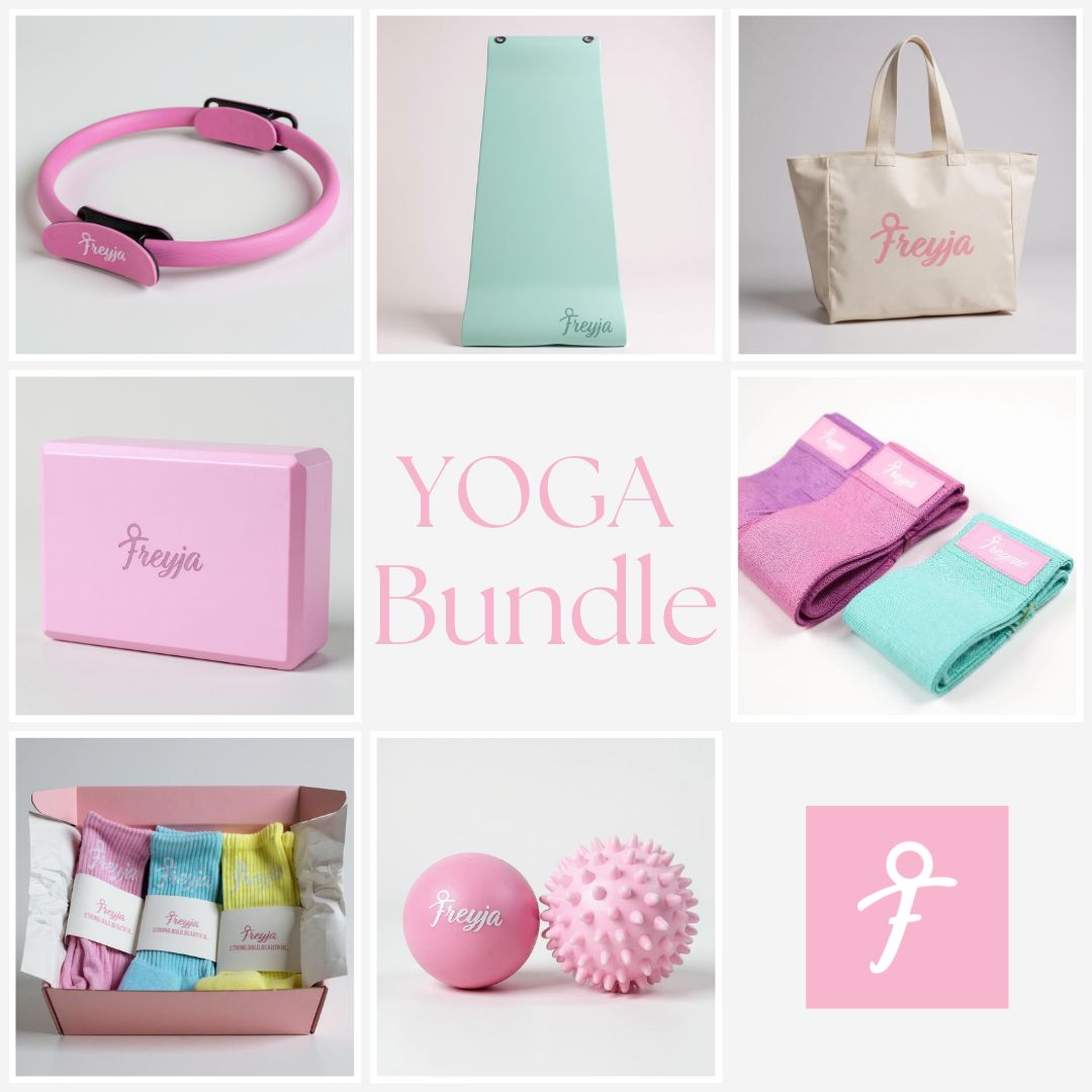 Collage of pastel yoga bundle items with 'Freyja' branding on a light grey background.