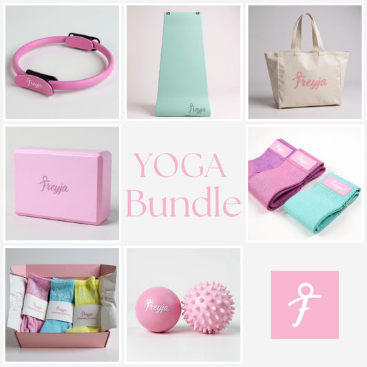 Collage of pastel yoga bundle items with 'Freyja' branding on a light grey background.
