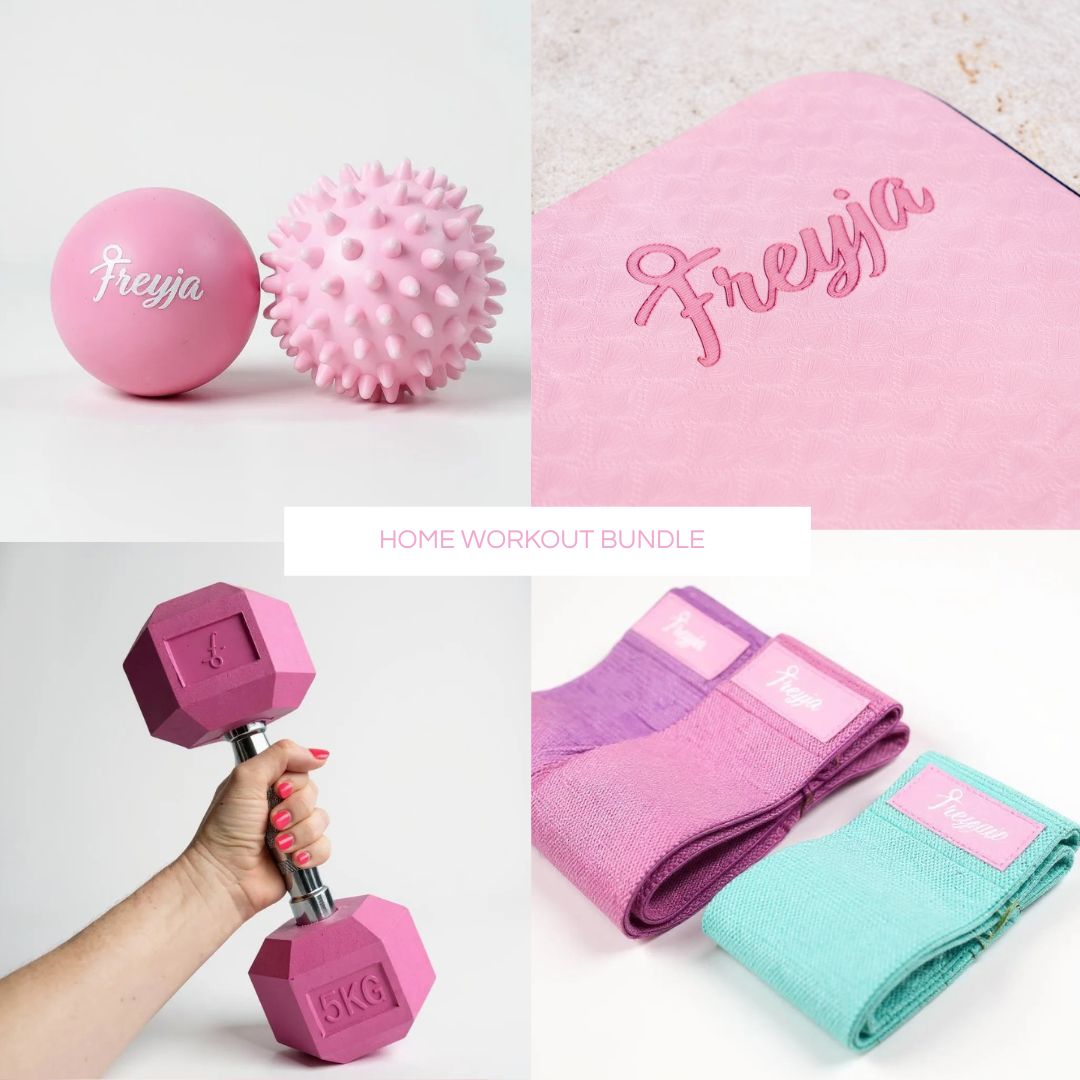 Pink home workout bundle with exercise ball, massage ball, pink yoga mat, and dumbbell.