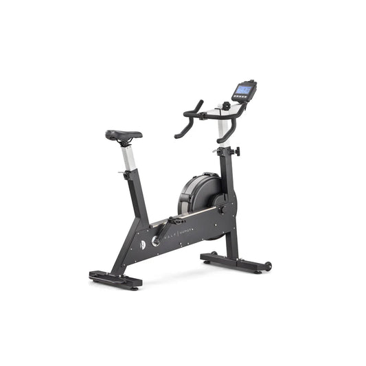 Half human HIIT black exercise bike with digital display on a white background