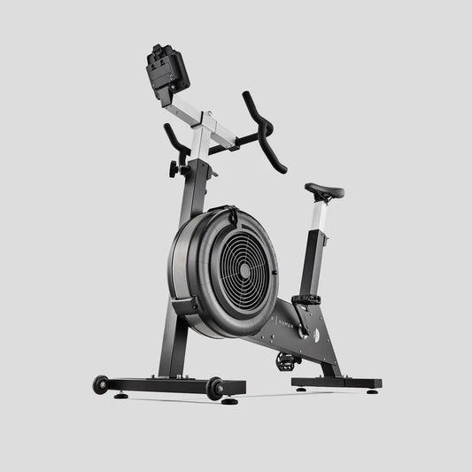 Half human HIIT Exercise bike on a light grey background