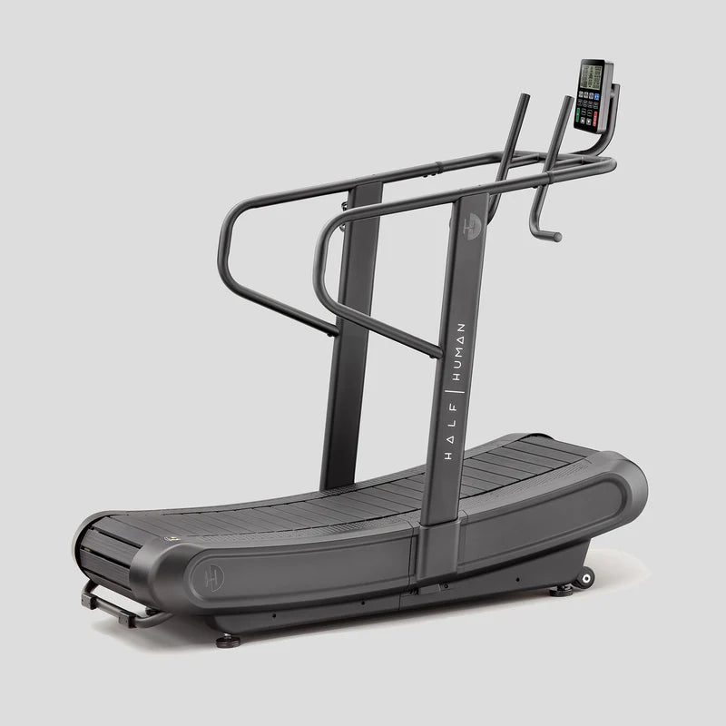 Curved Treadmill with a digital display on a light grey background