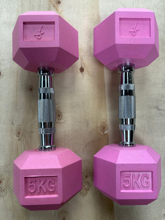 Pair of pink 5kg hex dumbbells