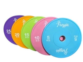 Set of colourful Freyja weight plates on a white background