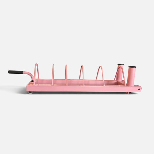 A pink metal rack with five uprights and a handle on one end, shown from the side against a light gray background.