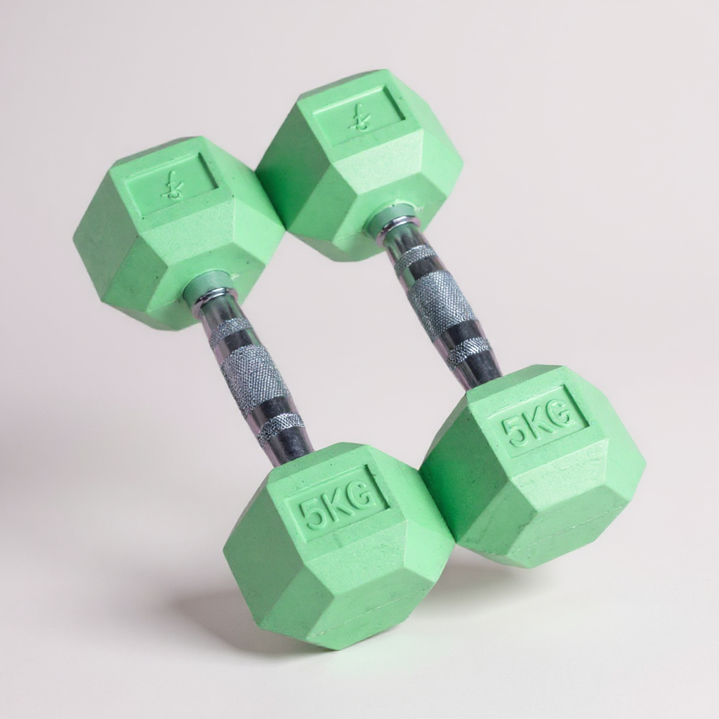 Pair of pastel green 5kg hex dumbbells with chrome grips on a light background for fitness workouts
