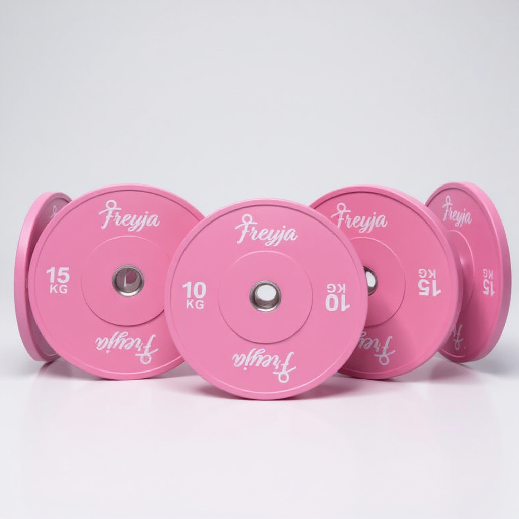 Set of pink weight plates with 'Freyja' branding on a light grey background