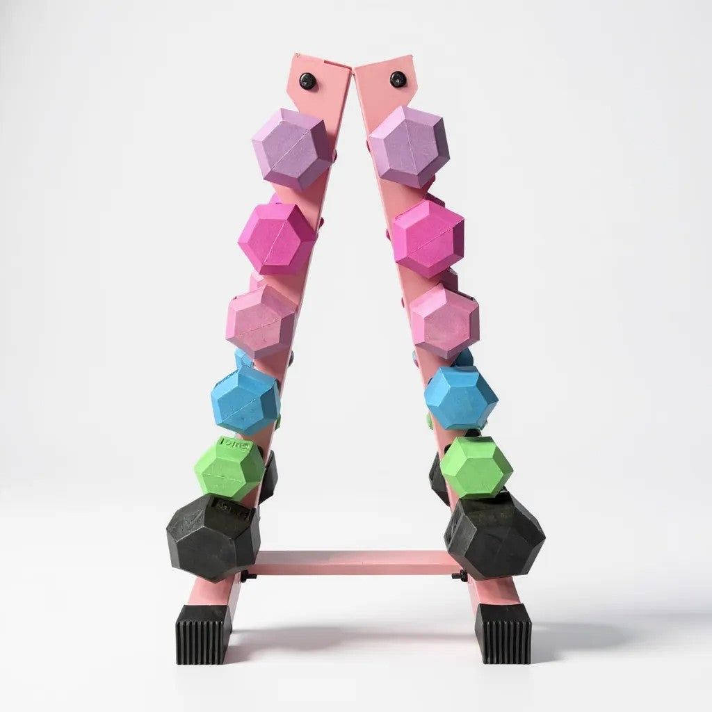 Pink Freyja A frame dumbbell stand with colourful dumbbells placed on each layer on a white background