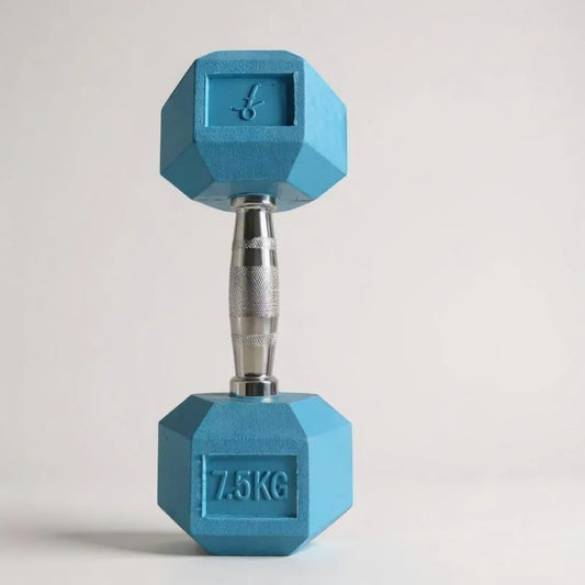Blue freyja hex dumbbell with '7.5KG' marking on a light grey background