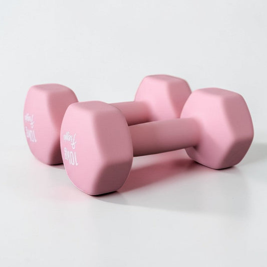 pair of pink neoprene dumbbells