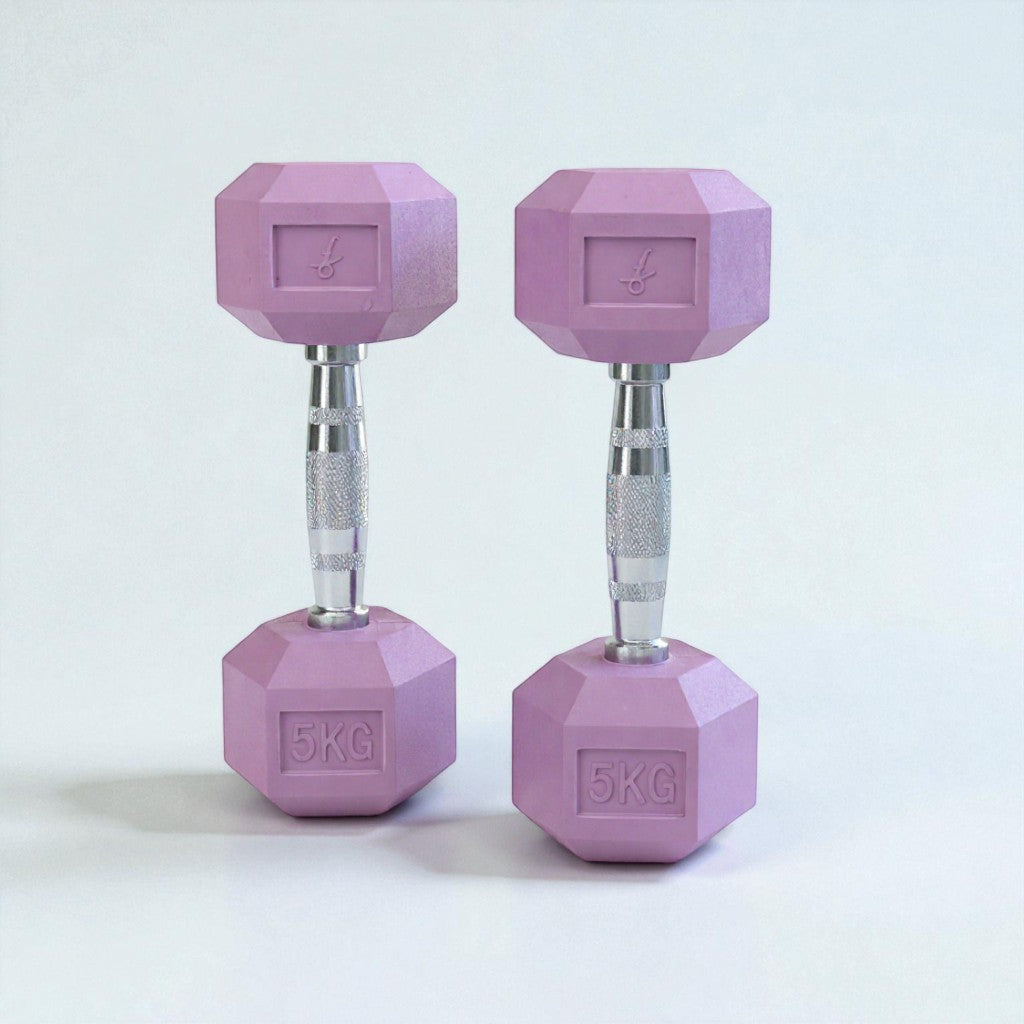 Pair of 5kg pink hex dumbbells with textured silver handles on a white background for fitness and strength training