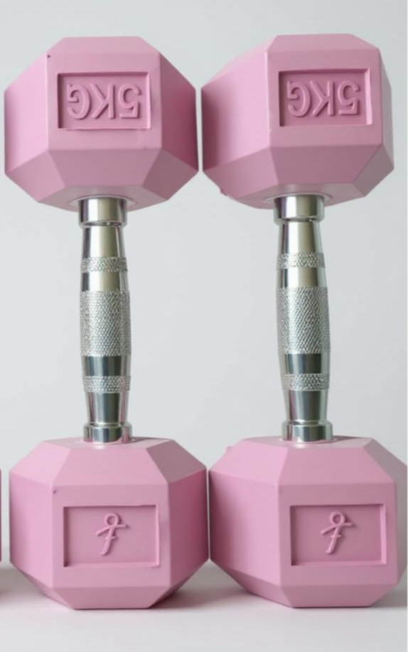 Set of three freyja pastel pink dumbbells with chrome handles on a white background