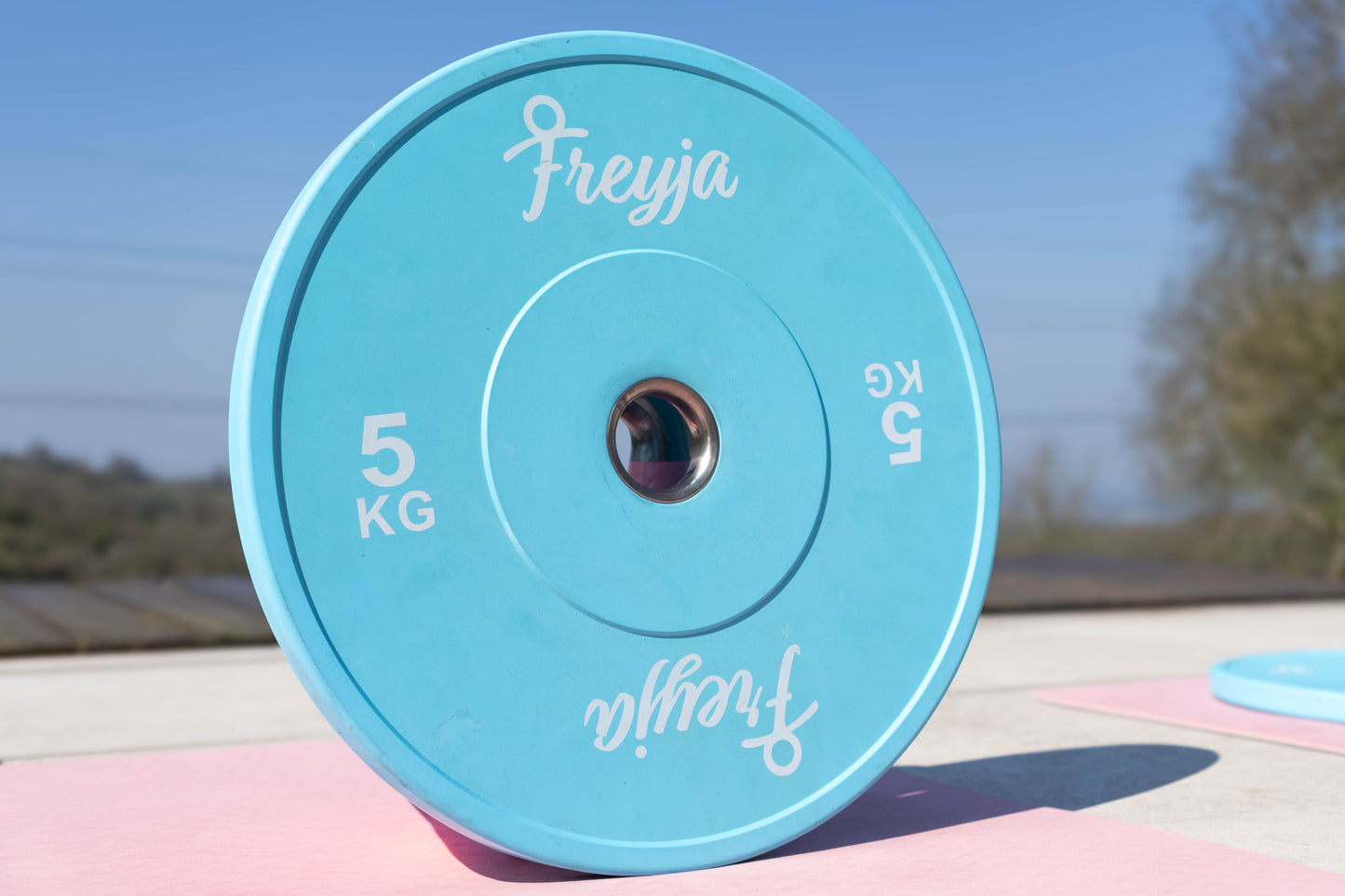 Blue weight plate with 'Freyja' branding on a pink yoga mat and a blurred outdoor background