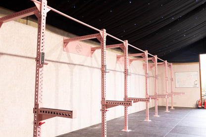 Row of pink freyja power rigs in a gym 