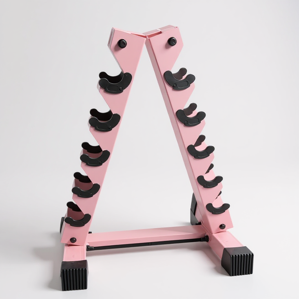 Pink freyja A frame dumbbell stand with black attachments on a white background