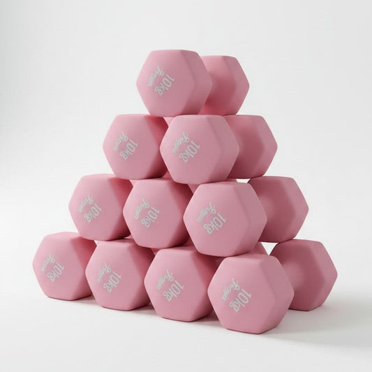 Pyramid of pink neoprene 10kg dumbbells 