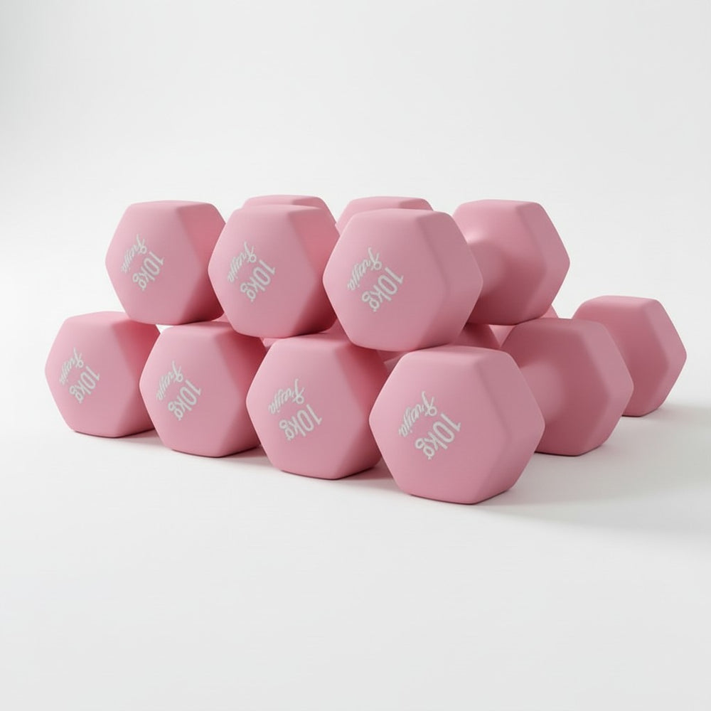 Stack of pink 10kg neoprene dumbbells 