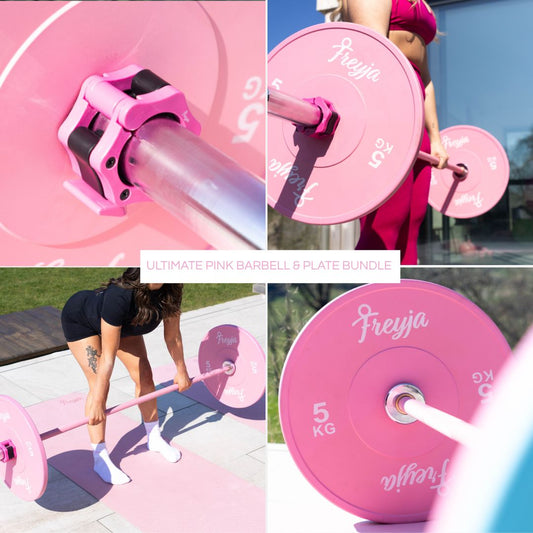 Collage featuring a pink Freyja Fit barbell, matching weight plates, and adjustable collars with branding visible