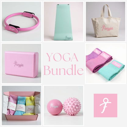 Collage of pastel yoga bundle items with 'Freyja' branding on a light grey background.