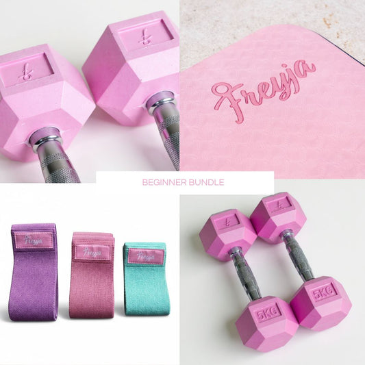 Pink Freyja branded beginner fitness bundle including dumbbells, resistance bands, and exercise mat for women.