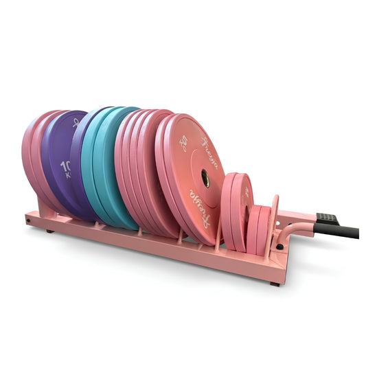 Pink bumper plate storage rack with plates loaded