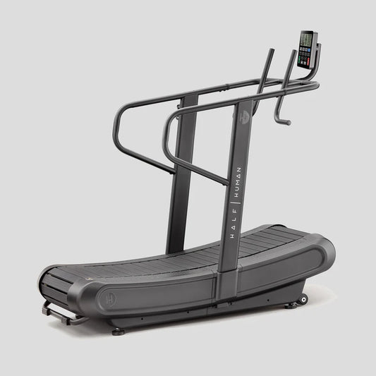 Curved Treadmill with a digital display on a light grey background