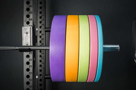 Colourful Freyja Fit pastel weight plate on a barbell against a dark background 