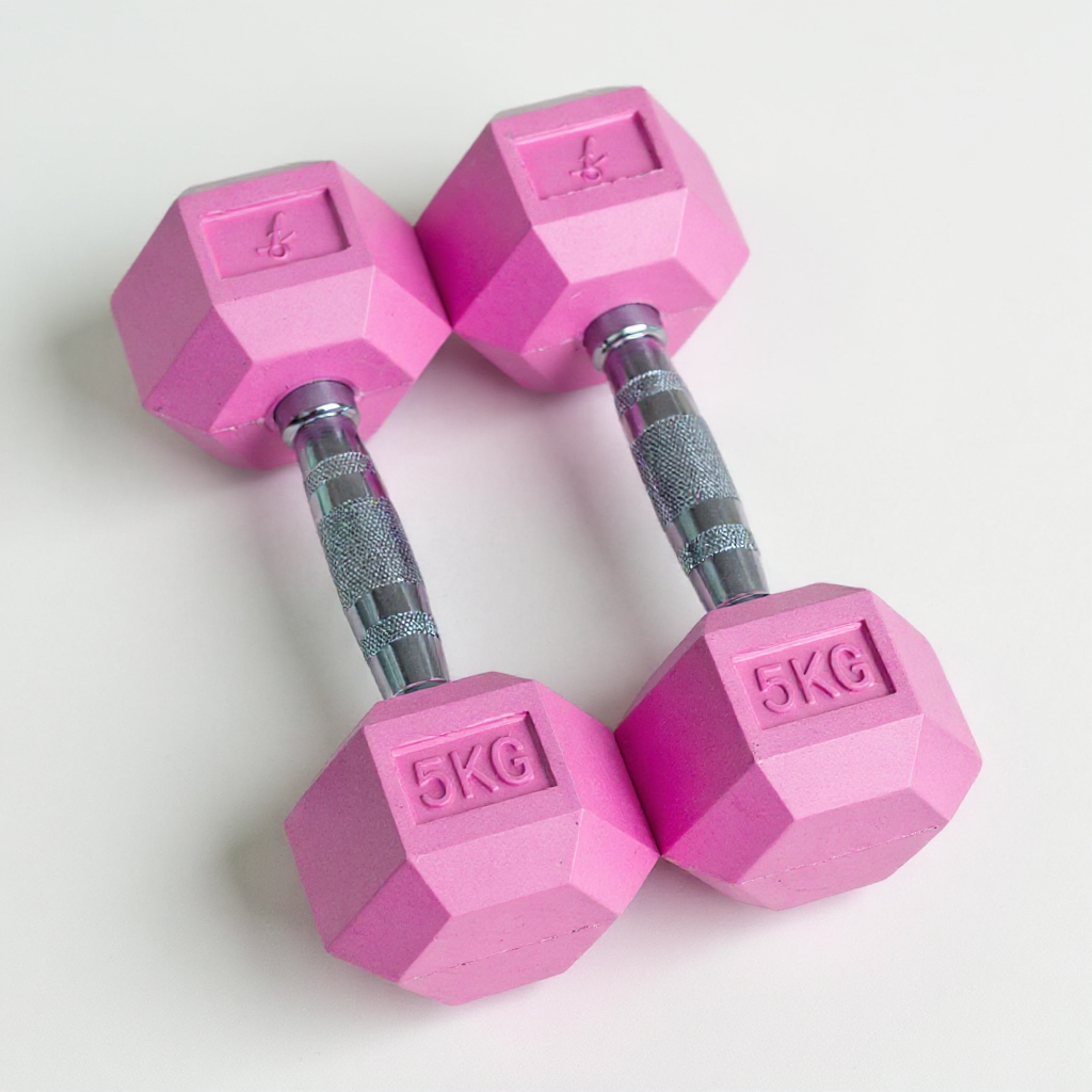 Pair of pink Freyja Fit dumbbells with 5KG marking on a light grey background