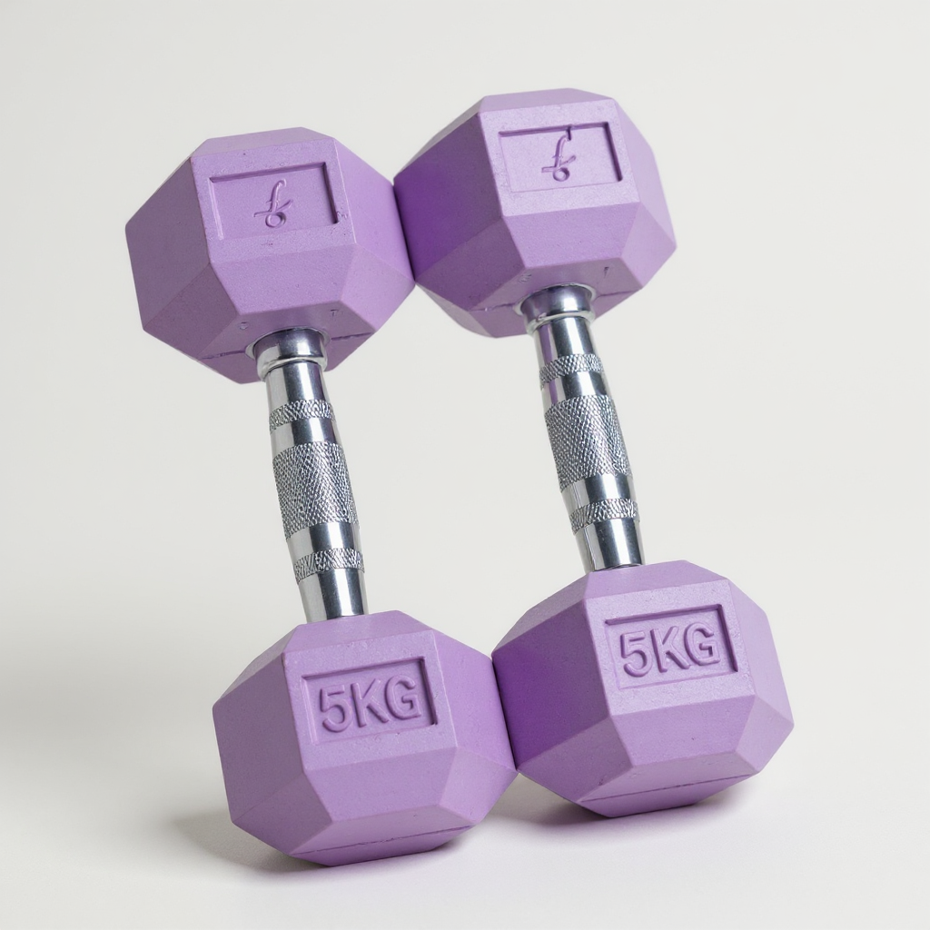 Pair of purple freyja hex dumbbells with '5KG' marking on a light grey background