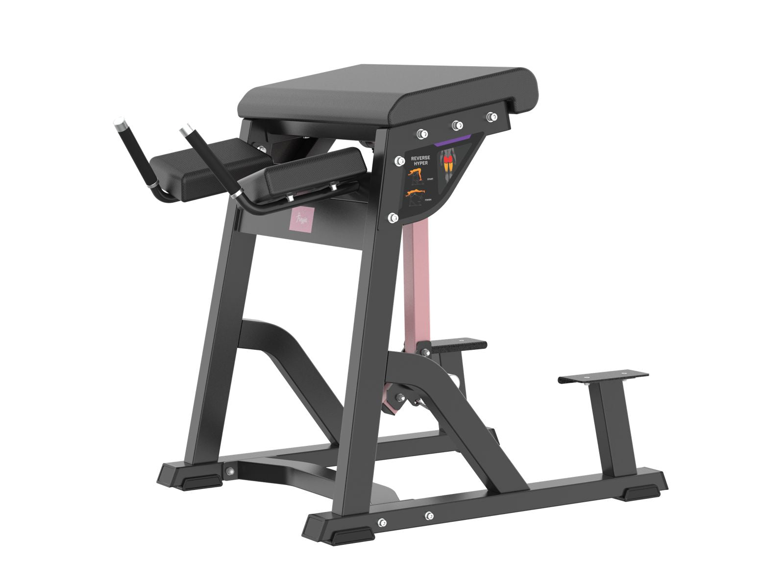 Black freyja reverse hyper extension gym machine on a white background