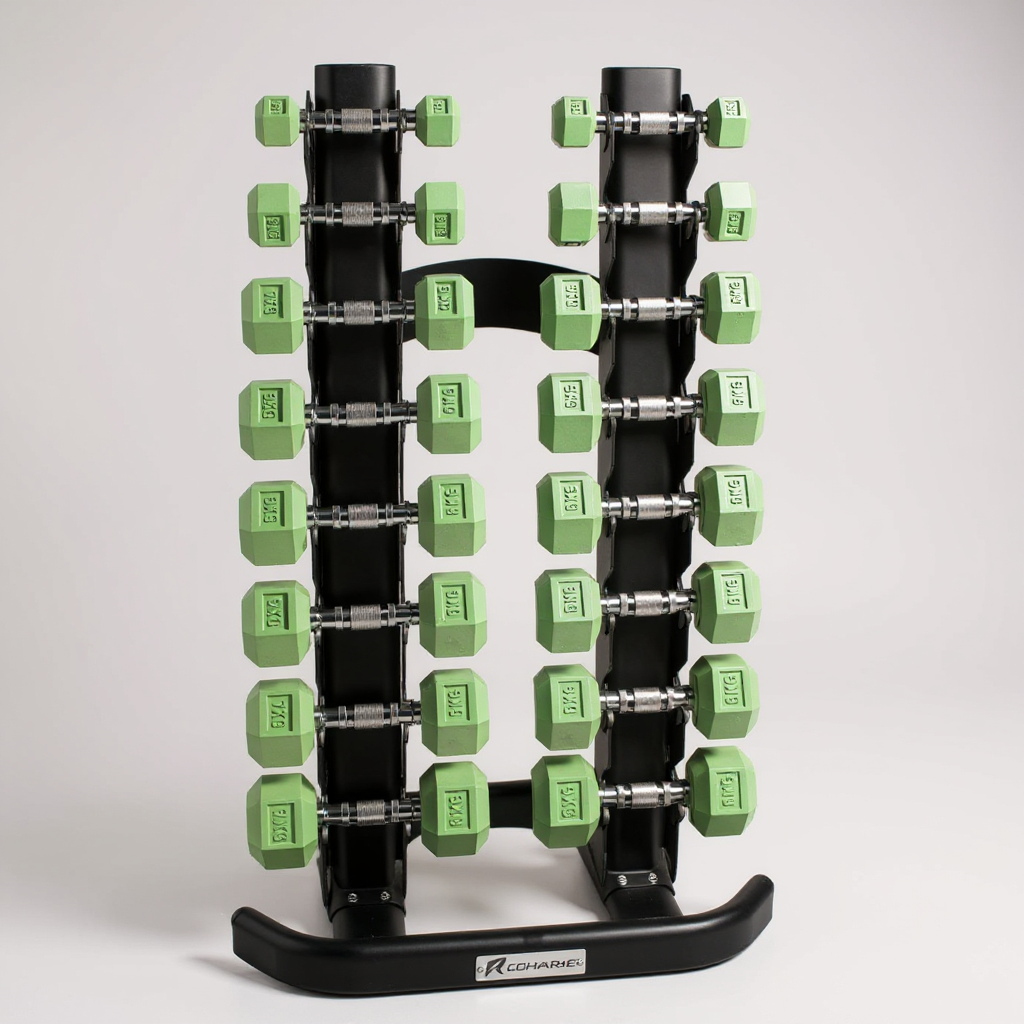 Recharge rack holding a set of green Freyja dumbbells on a grey background