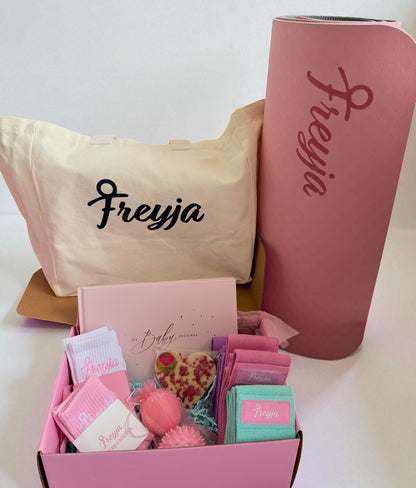 New Mum Recovery & Wellness Gift Set with yoga mat, wellness accessories, and cotton tote bag for postpartum care and mindfulness.