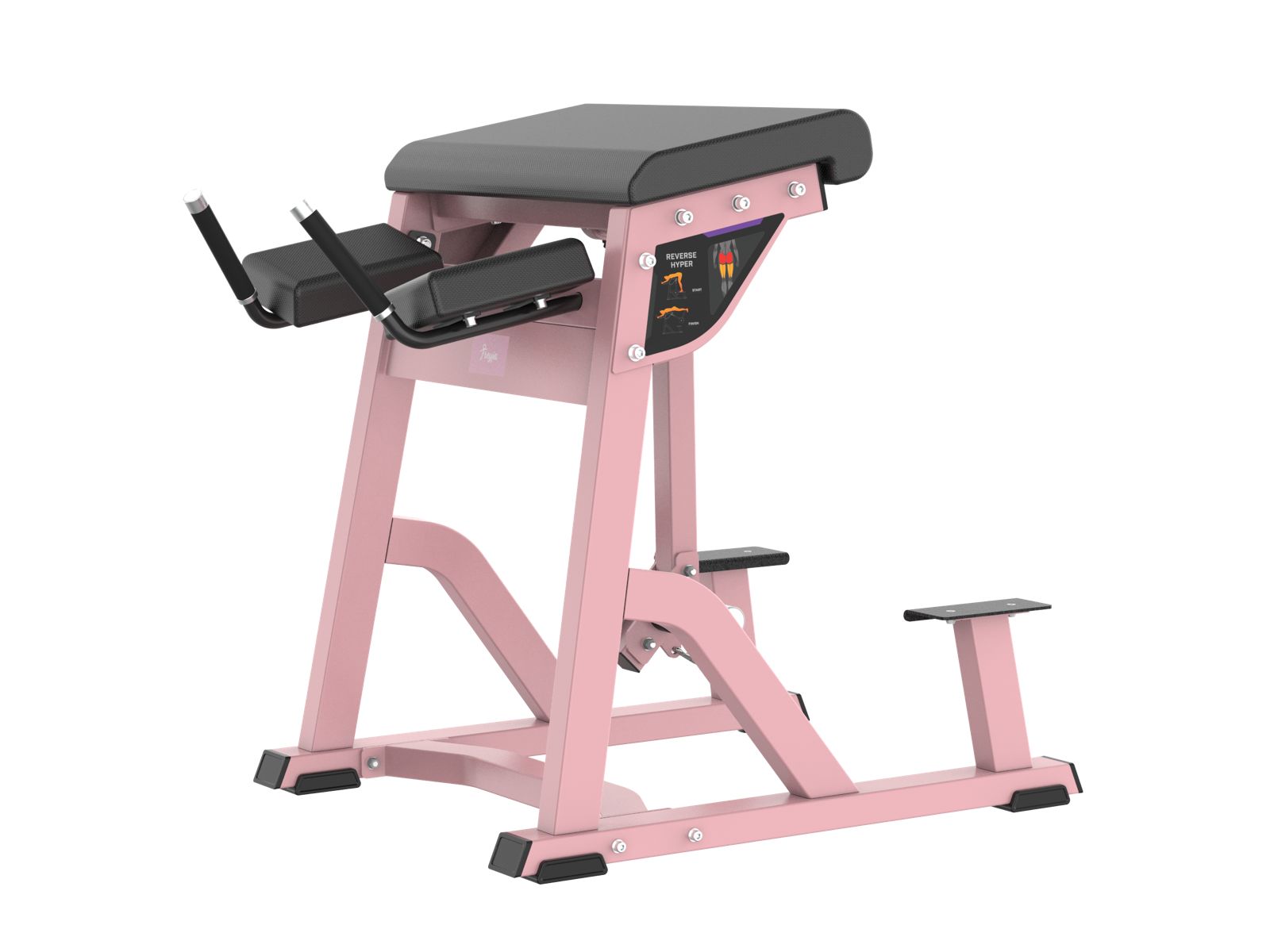 Pink Freyja reverse hyper extension gym machine with black padding on a white background