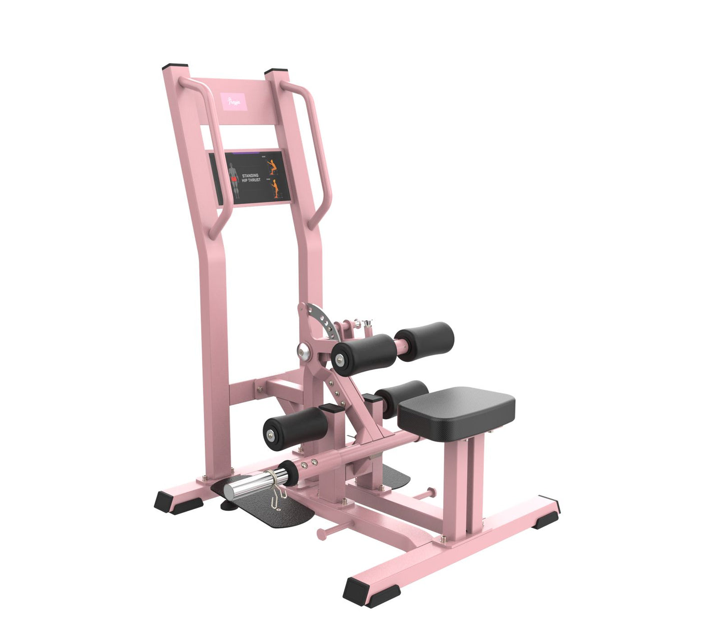 Pink freyja standing hip thrust gym machine on a white background with black padding