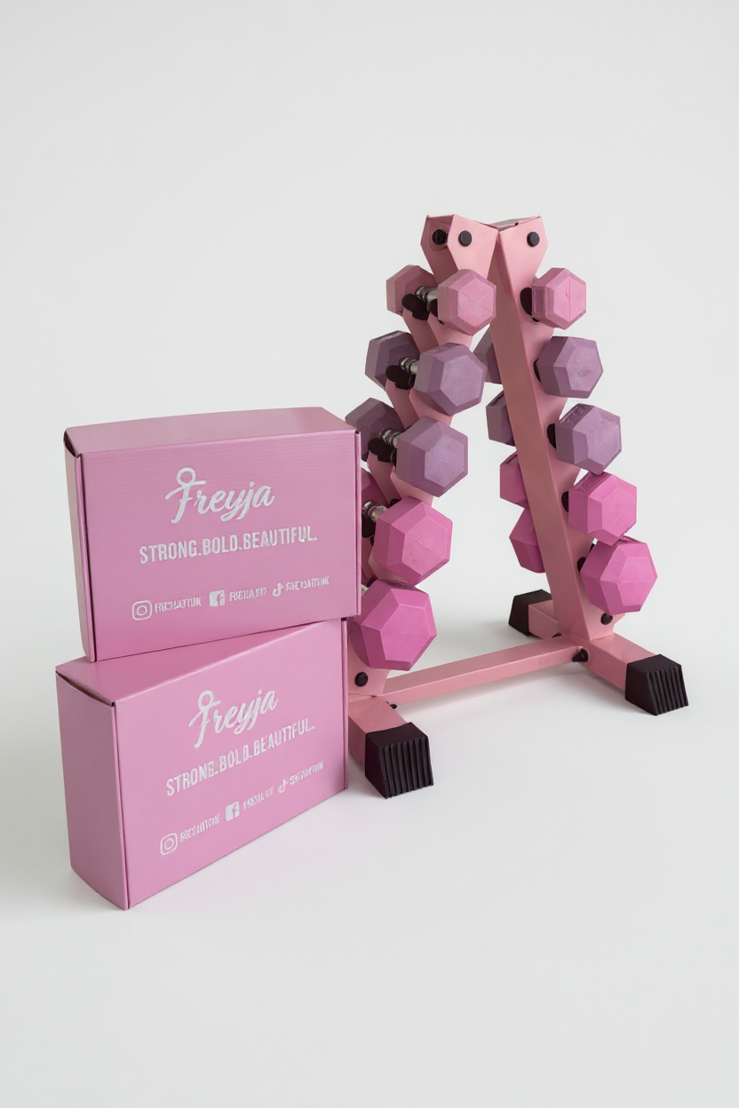Pink A-frame dumbbell rack holding six pairs of pastel pink and purple dumbbells with branded pink packaging boxes nearby