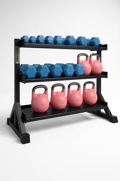 Black metal rack holding mixed blue hex dumbbells and pink kettlebells arranged on three shelves