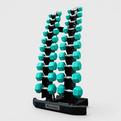 Aqua dumbbells on a black stand with 'Recharge' branding 