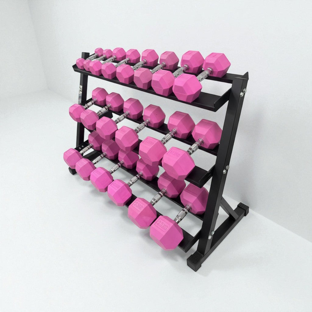Set of bold pink hex dumbbells in various weights neatly organized on a black metal rack for home or gym use