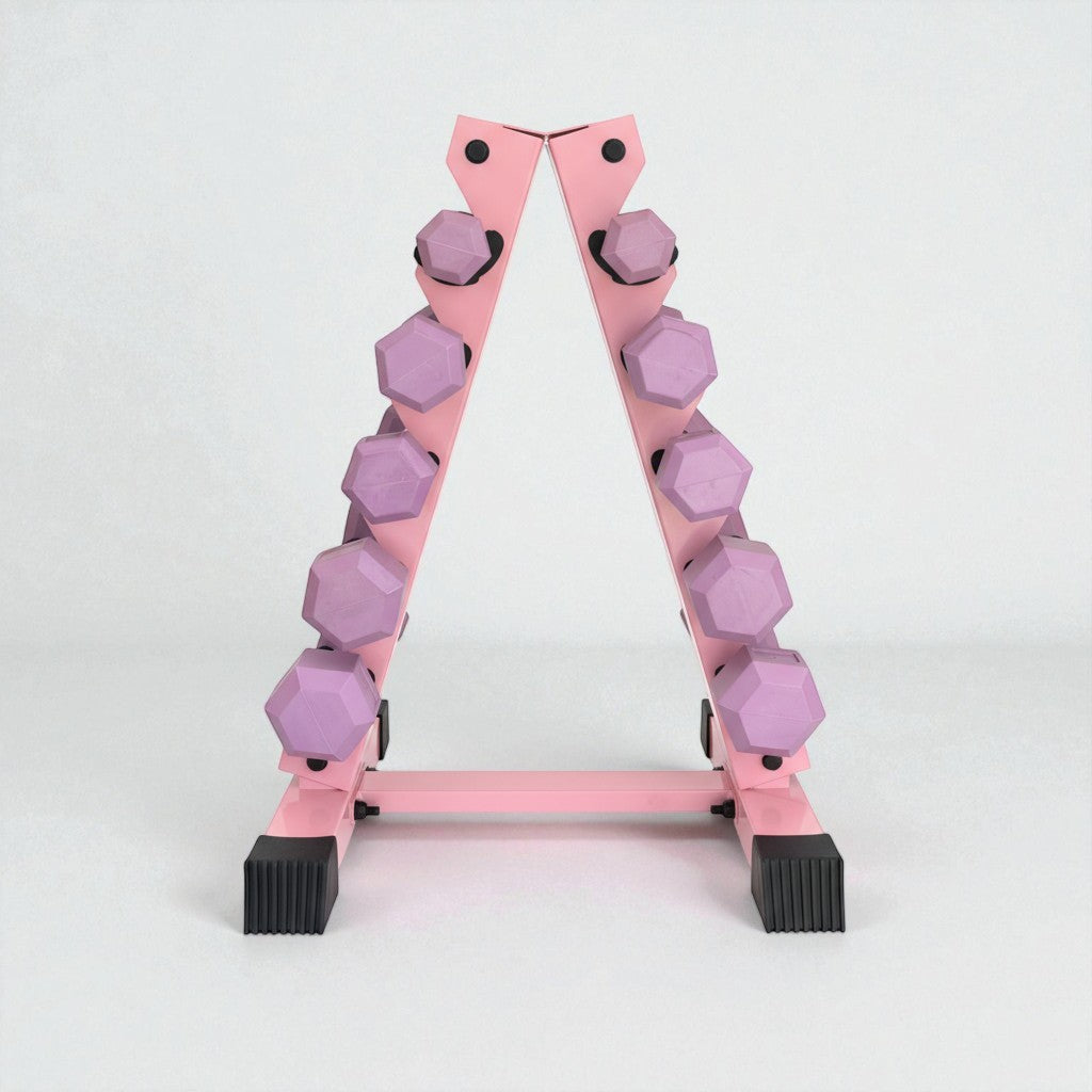 Set of purple hex dumbbells in pairs, displayed on a pink triangular dumbbell rack against a white background.