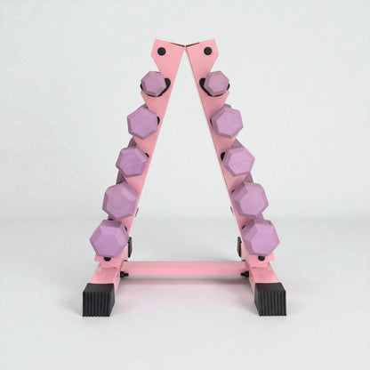Set of purple hex dumbbells in pairs, displayed on a pink triangular dumbbell rack against a white background.