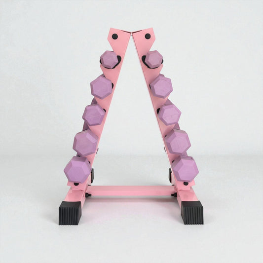 Set of purple hex dumbbells in pairs, displayed on a pink triangular dumbbell rack against a white background.