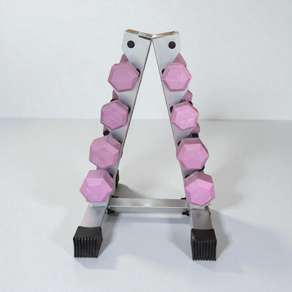 Set of purple hex dumbbells neatly arranged on a silver metal rack for home or gym workouts.