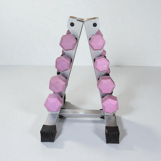 Set of purple hex dumbbells neatly arranged on a silver metal rack for home or gym workouts.